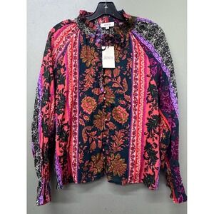 Avara Blouse Women Small Multicolor Floral Damask Button Front Cotton